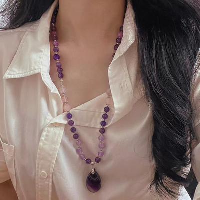National Style Vintage High Quality Natural Amethyst Pendant Sweater Chain Autumn and Winter Long Necklace