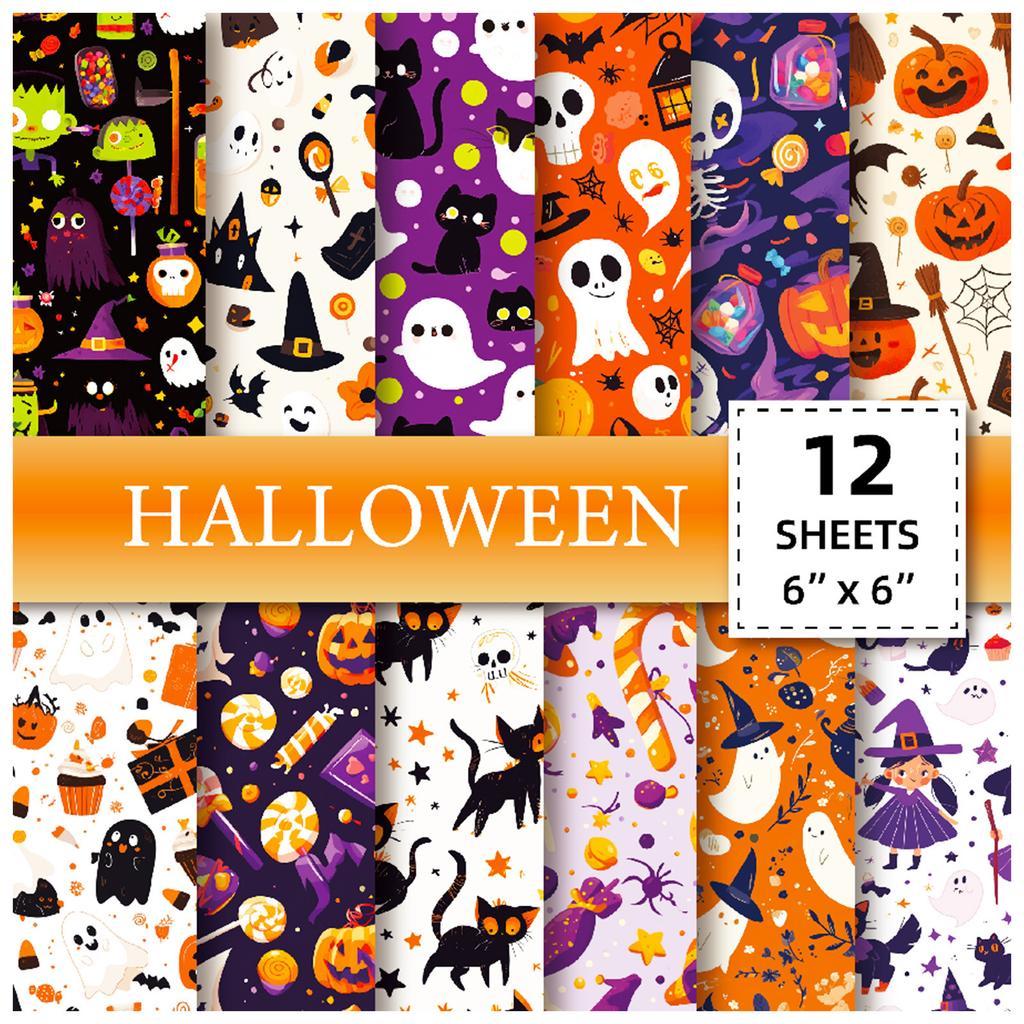 12 Sheets Of Halloween Material Paper Pumpkin Ghost Bat Handbook Collage Backing Paper Halloween Material Paper