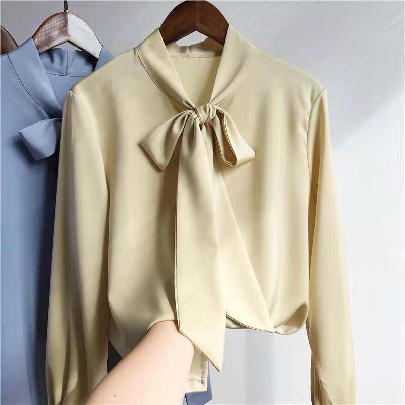 Spring and Autumn Bow Satin Shirt for Women Professional Shirt Long Sleeve Loose Top