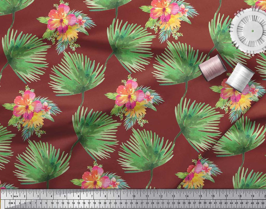 Soimoi Red Poly Crepe Fabric Leaves & Floral Decor Fabric Printed By the Metre 42 Inch