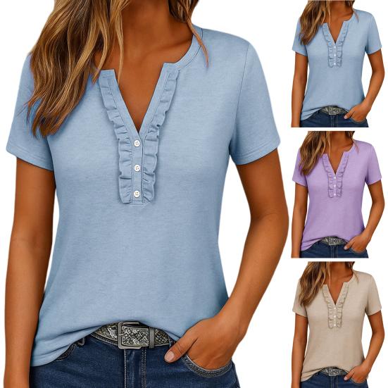 Women Tops V Neck Ruffle Trim Buttons Half Placket Short Sleeve Regular Fit Casual T-shirt Pure Color Summer Tops