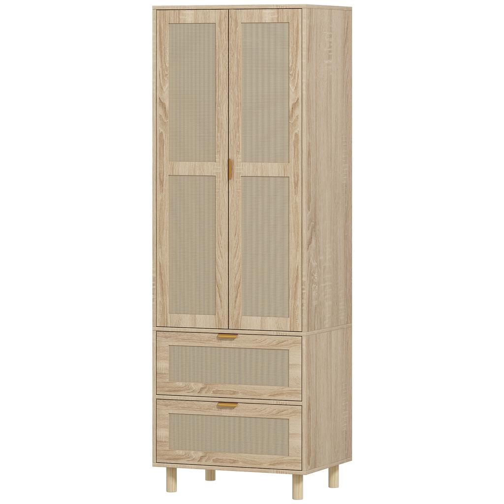 Bedroom Wardrobe with 2 Rattan Doors, 2 Drawers and Hanging Rail, 63 X 47 X 185 Cm, Natural Wood