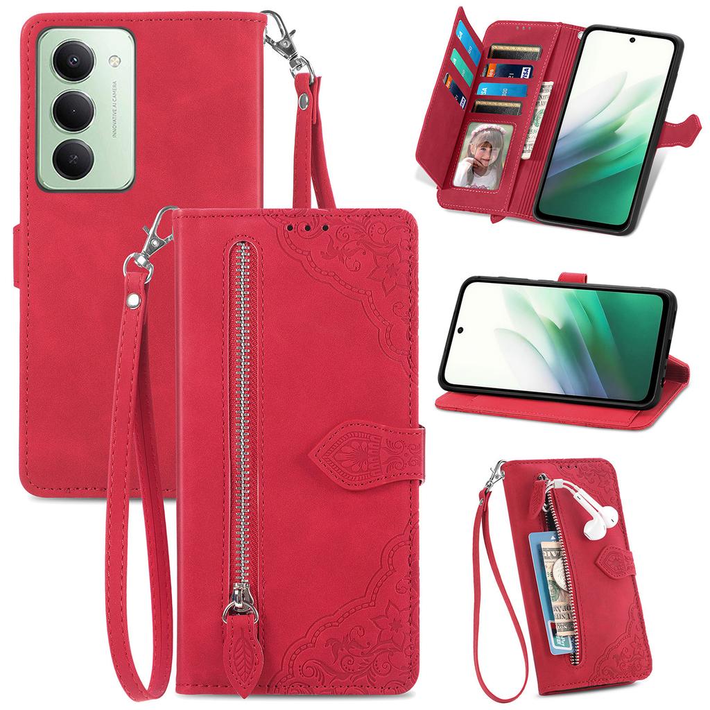 For Xiaomi Redmi 15 5G (Global) (169mm) Zipper Wallet Case with Strap Flower Imprint PU Leather Phone Cover