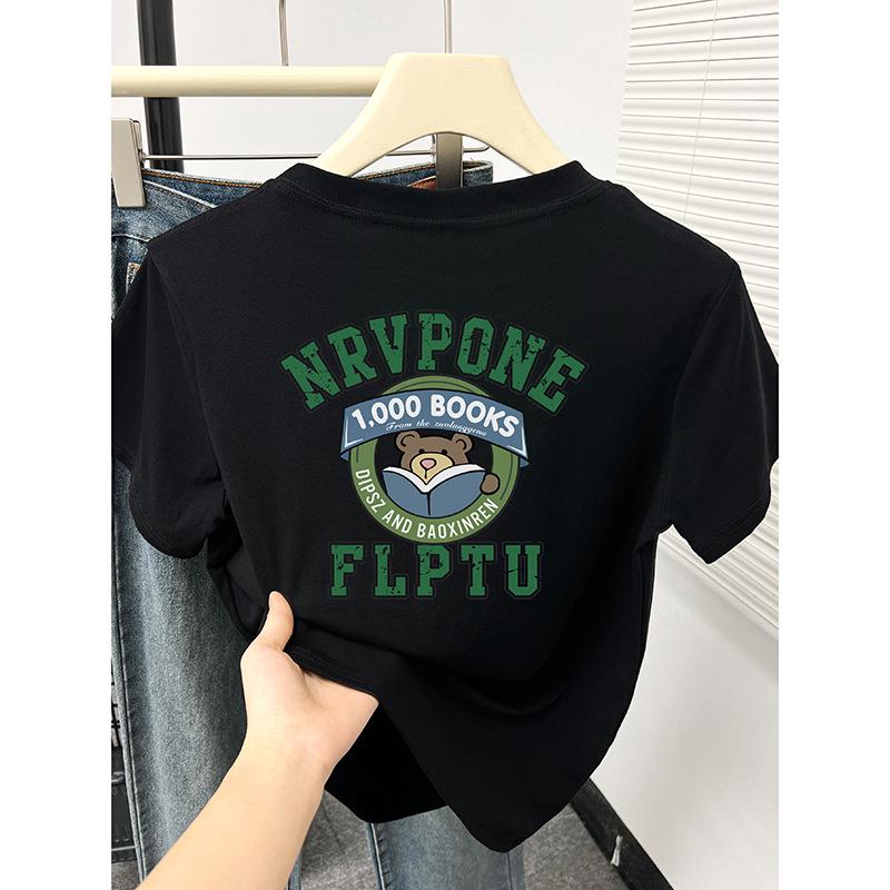 

Korean Cartoon Teddy Bear Print Round Neck Slimming T-Shirt for Women 2XL чорний