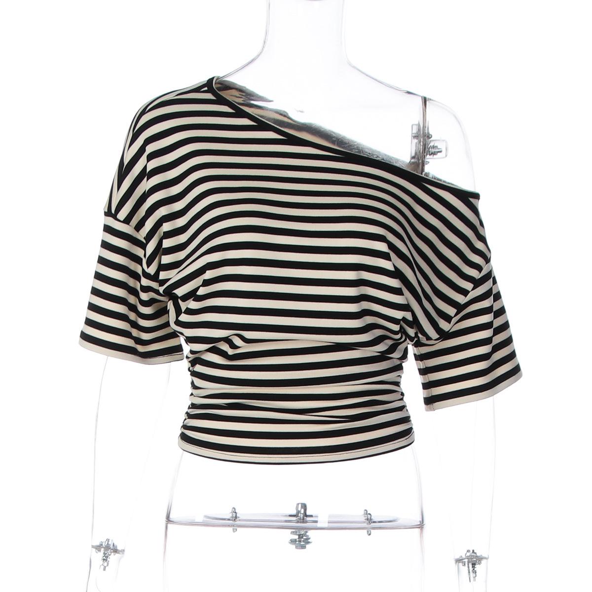 

2025 Autumn Women s European and American Retro One-Shoulder Striped Waist-Cinched Slimming Top Small