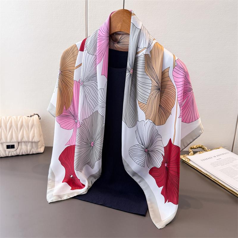 Colorful Ginkgo Satin Imitation Silk Printing Large Square Scarf Silk Scarf Shawl Headscarf Neck Protection Scarf Decorative Women'S Scarf