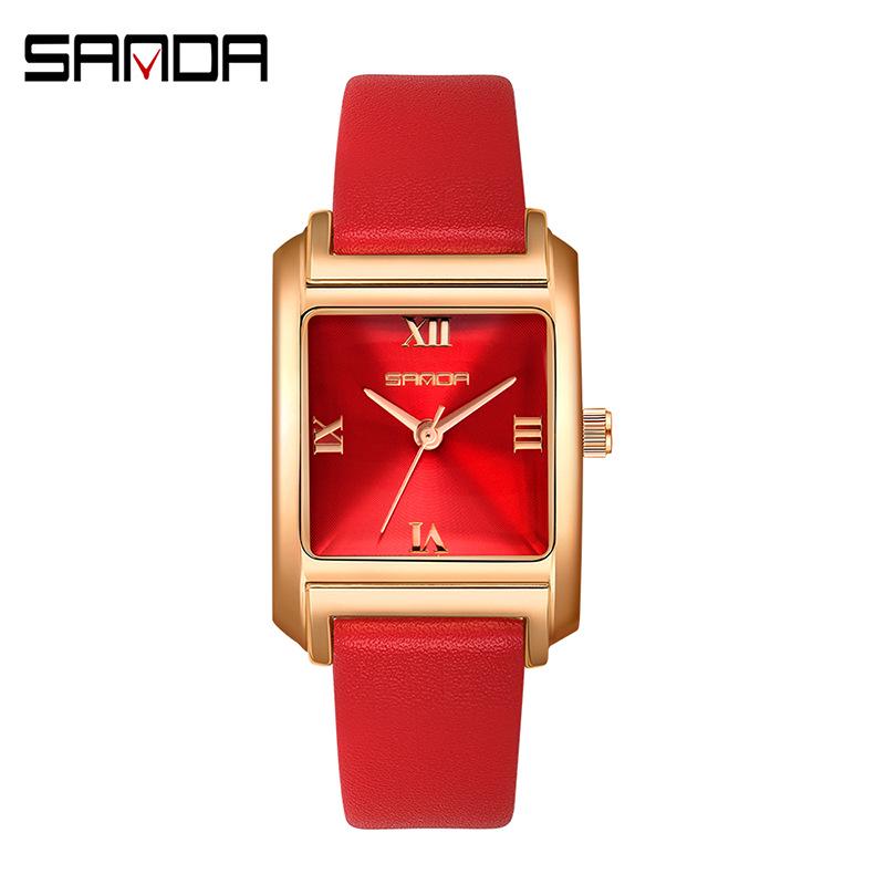 Sanda Women s Retro Casual Waterproof Square Quartz Watch with Alloy and Leather Strap