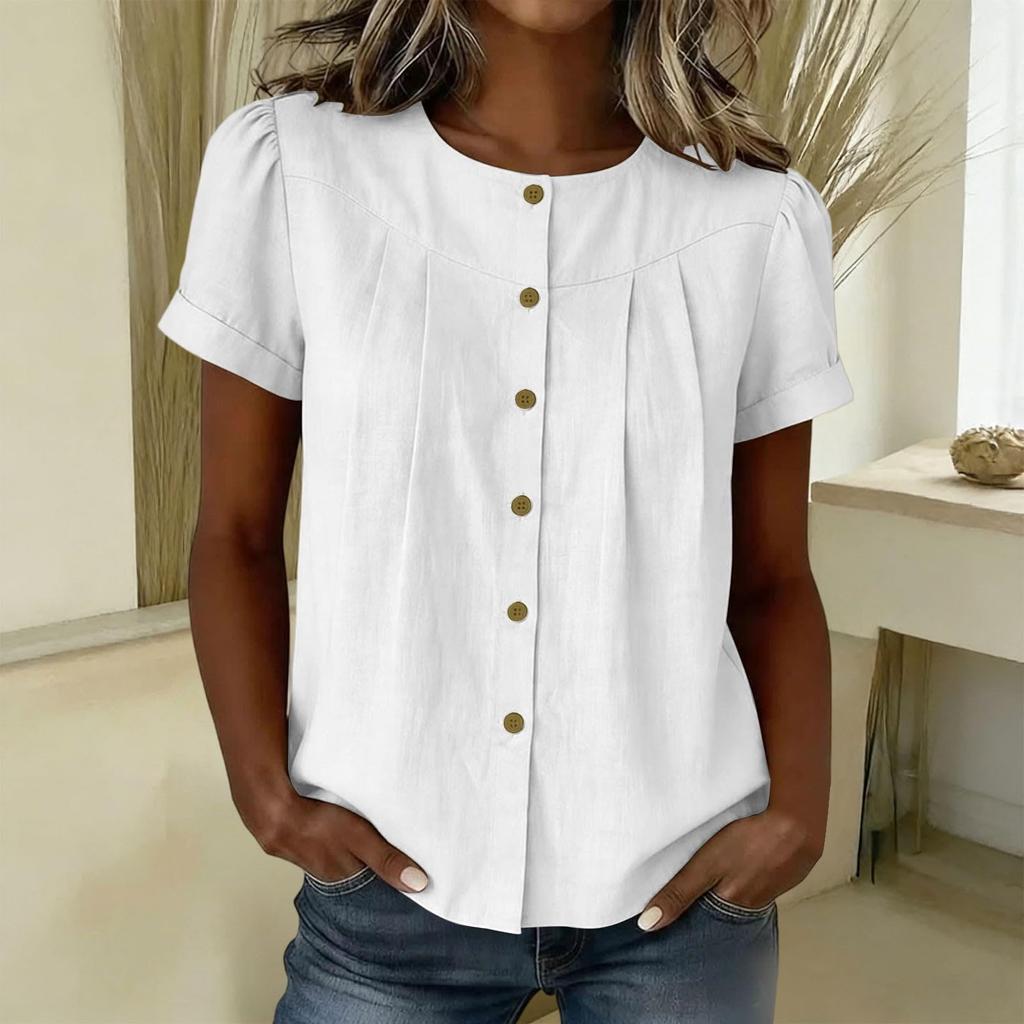 Womens Casual Button Front Short Sleeve Pleated Round Neck Loose Fit Blouse Top Lightweight Comfortable Fabric