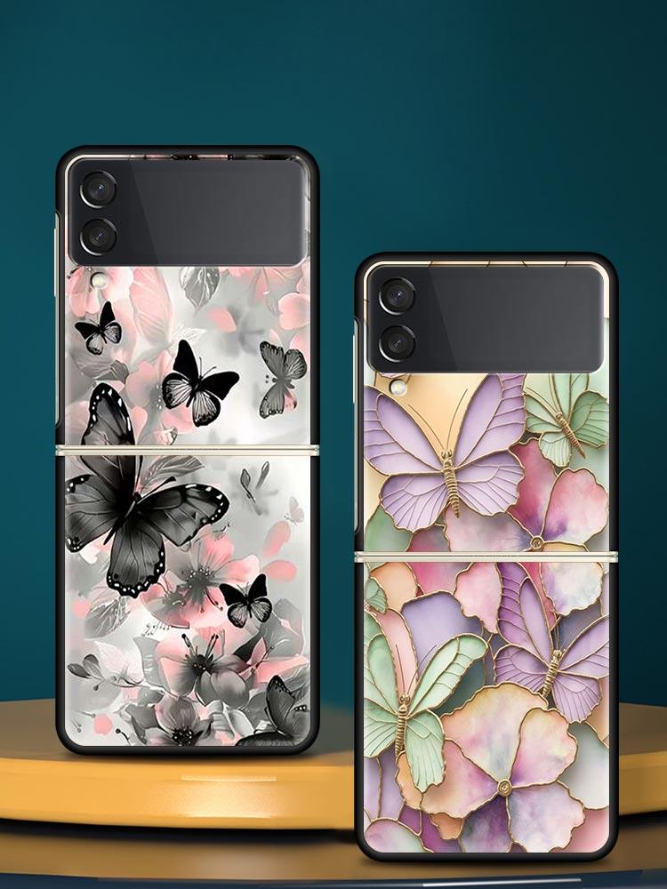 Fashionable Butterfly Flower Pattern Hard PC Phone Case For Samsung Galaxy Z Flip 7 6 5 4 Black Bag For Galaxy Z Flip 3 Foldable