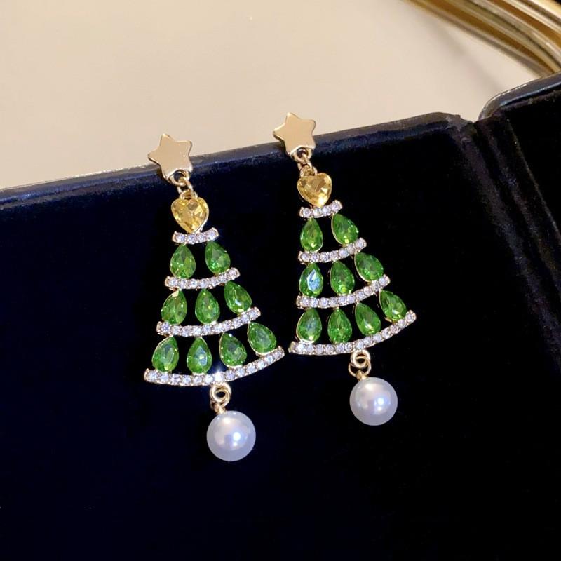 New Design Sweet Pink Christmas Tree Earrings for Women Light Luxury Sparkling Zircon Dangle Earring Xmas Holiday Party Jewelry