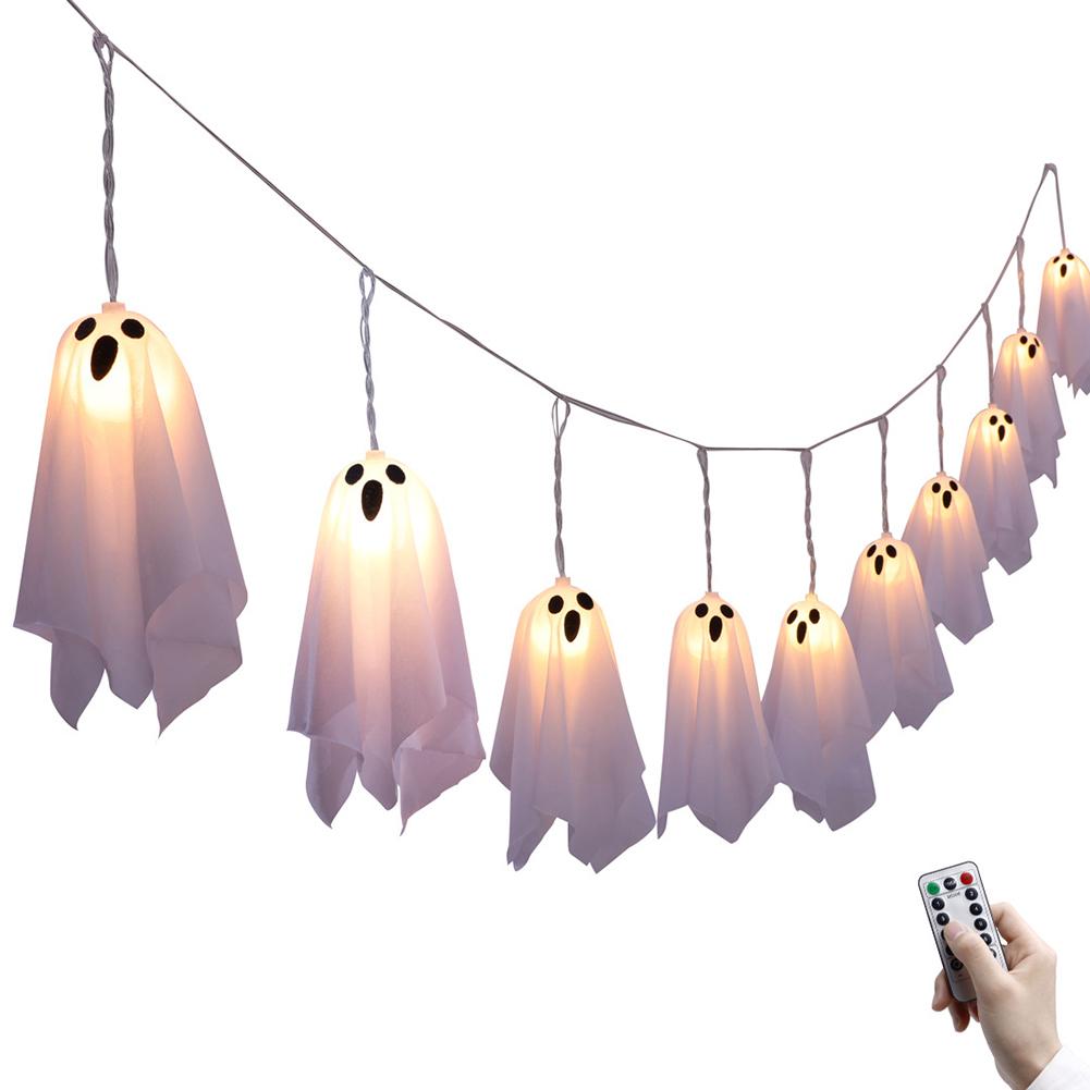 10Pcs Spooky Ghosts String Lights W/ 8 Light Modes LED Ghost Battery Operated Halloween Lights for Indoor Outdoor Party