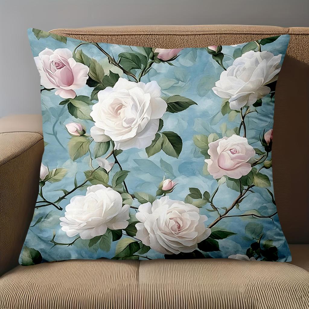 1 pieces -2D flat printing Blue Floral Rose Patterned Decorative Throw Pillows Polyester pillowcase, sofa decorative cushion cov