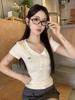 2025 Summer Korean Style Women's Embroidered V-Neck Buttoned Shoulder Slim T-Shirt