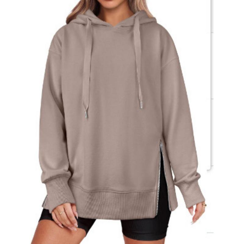Spring Autumn Solid Color Loose Casual Pullover Hoodies Women Slit All-match Hooded Sweatshirt Top