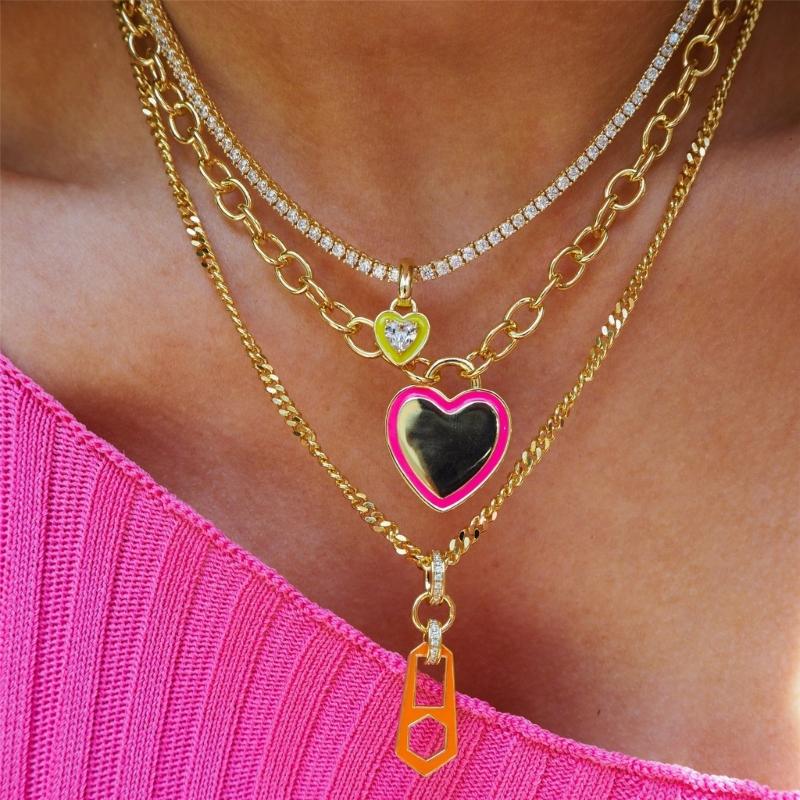Colorful Zircon Heart Neckchain Tennis Chain Necklace for Women Fashionable Rhinestone Choker Versatile Jewelry Decor
