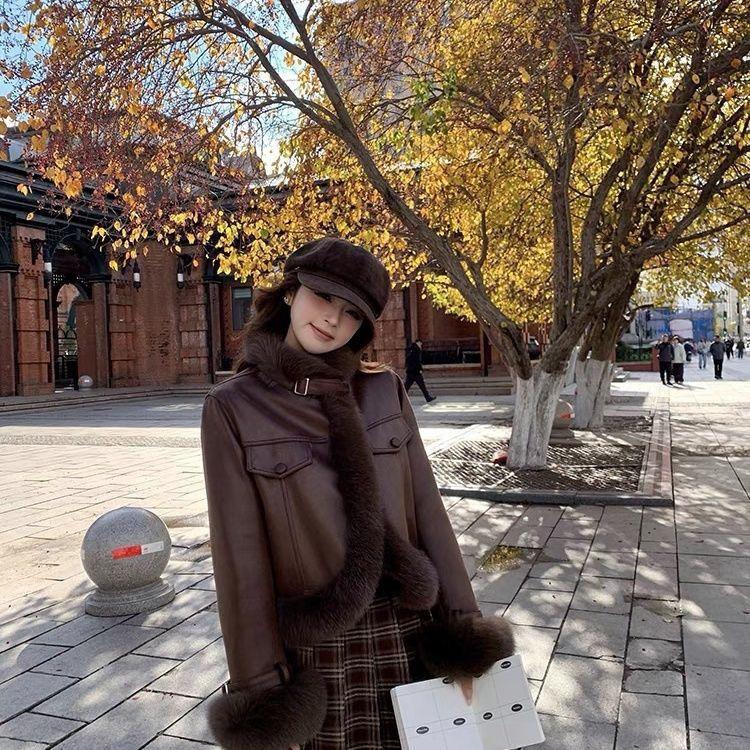 Vintage Patchwork Faux Fox Fur Coat Short Outerwear Women Retro Style Jacket