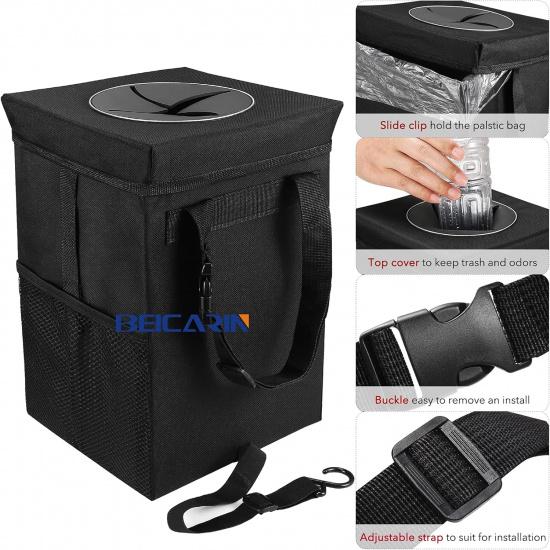 Car Trash Can With Lid - Trash Bag Hanging With Storage Pockets Leak-Proof SUV Organizer Collapsible And Portable Waterproof Truck Garbage Bin, 2.6
