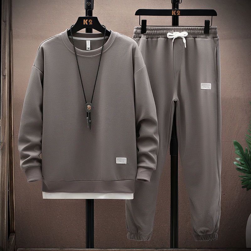 Sommer herre vaffelsett casual t-skjorte og buksesett herre sportsdress 2-pris sett ensfarget treningsdress løse dresser