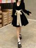 Plus Size Velvet French Lace-Up Bow Long Black Dress