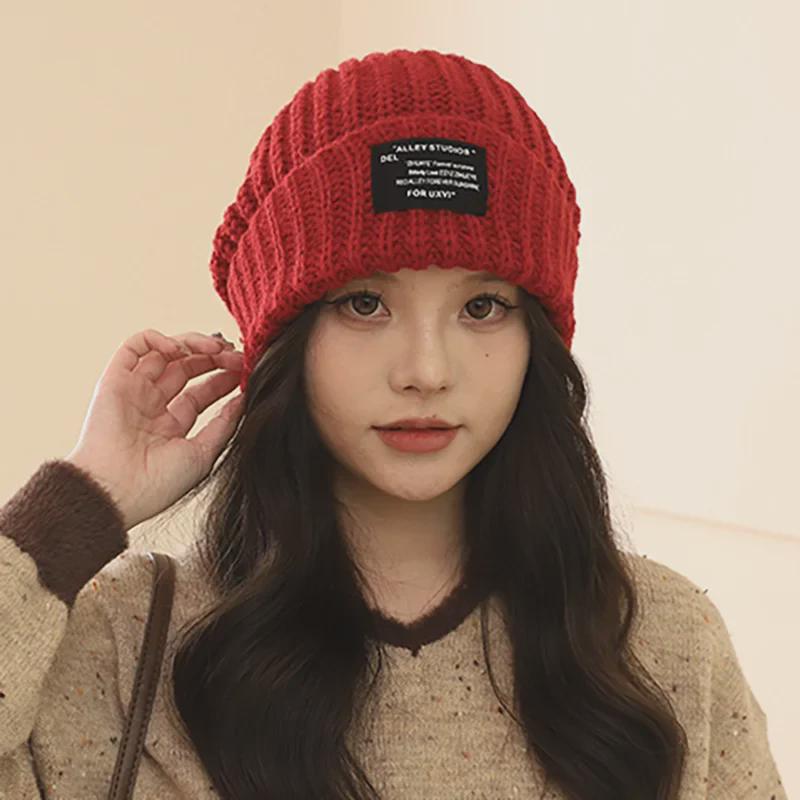 Jednobarevná vlněná pletená čepice - velká, teplá, unisex na outdoor, podzim a zima, korejský styl