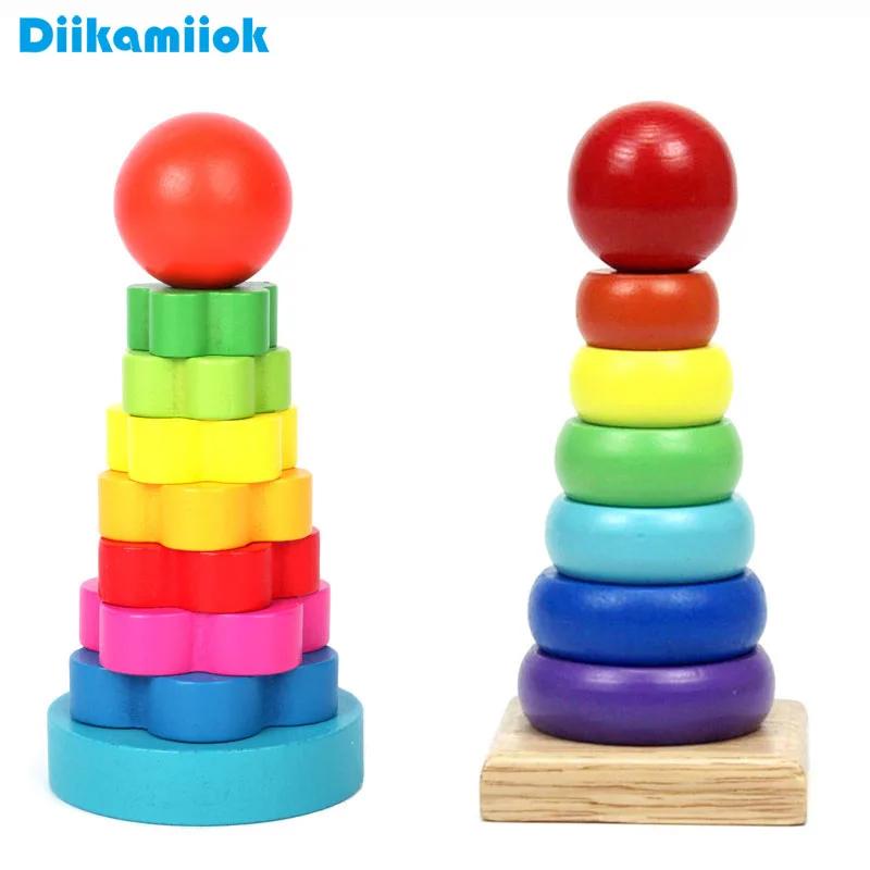 1pc Rainbow Tower Wood Blocks Color Shape Cognitive Play Kids Montessori Educational Wooden Toys for Children Stacking Ring Game