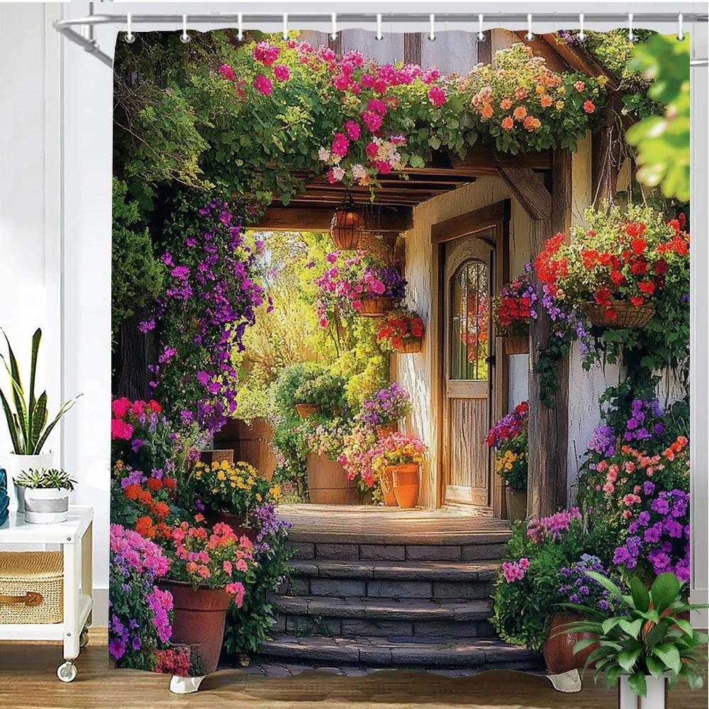 Beautiful Country Garden Flowers House Style Printed Fabric Shower Curtain Bathroom Curtain,home Decoration Curtain with Hooks