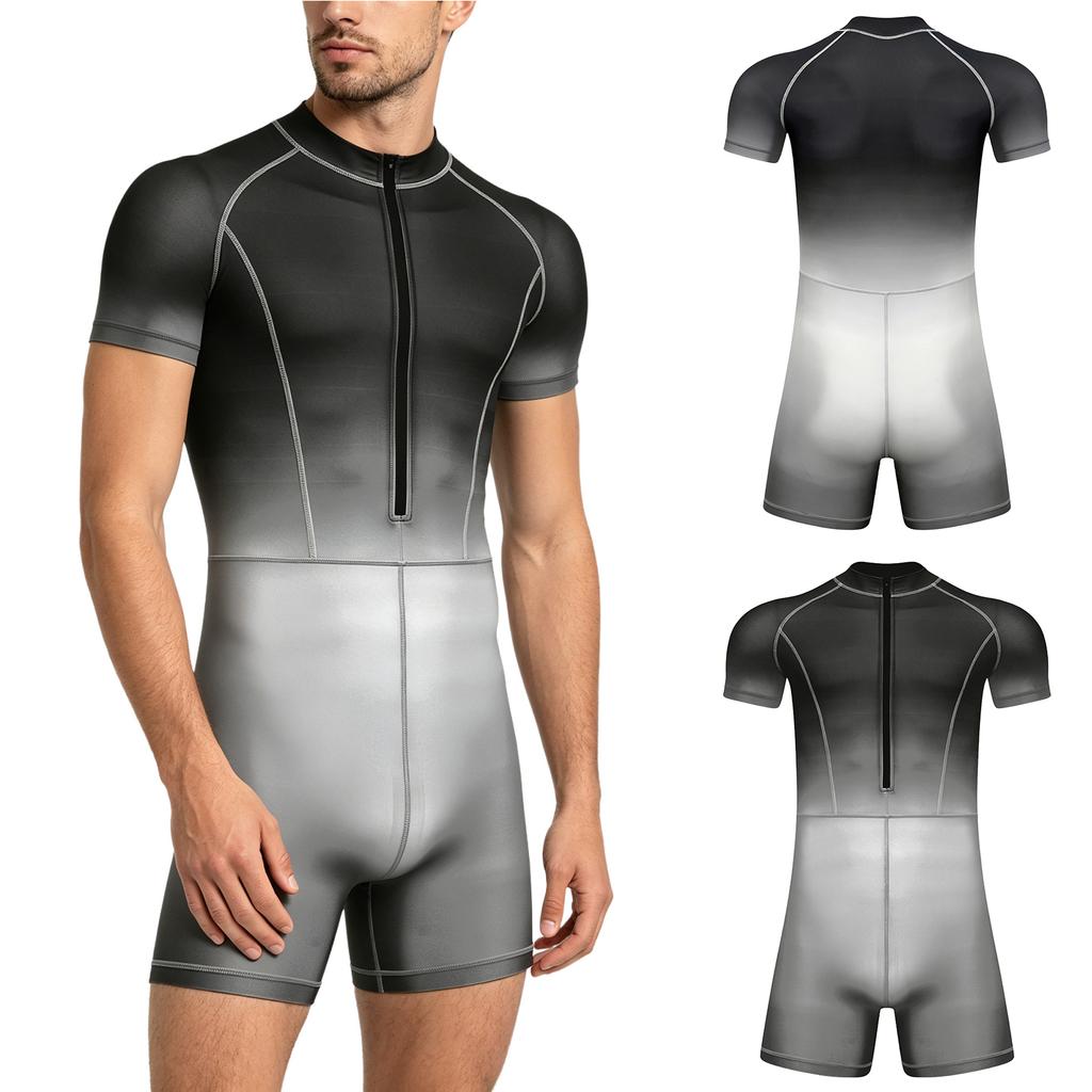 Costume da bagno intero da uomo a colori sfumati S-3XL Manica corta Zip frontale Pantaloncini a pantaloncino Tuta Rash Guard per Surf Nuoto Subacquea