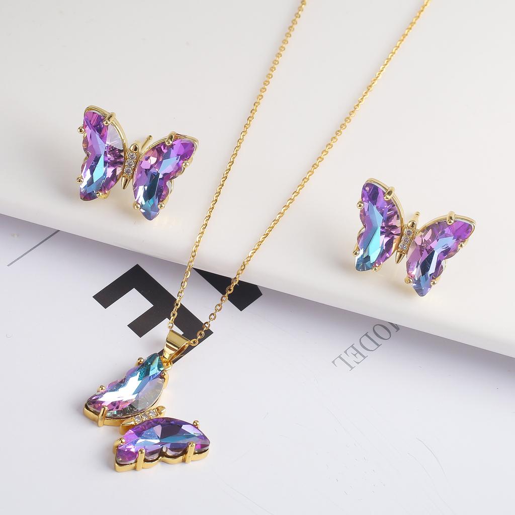 2PC Crystal Transparent Butterfly Pendant Necklace Earrings Jewelry Set Women's Luxury Gold Plated High Quality Gift