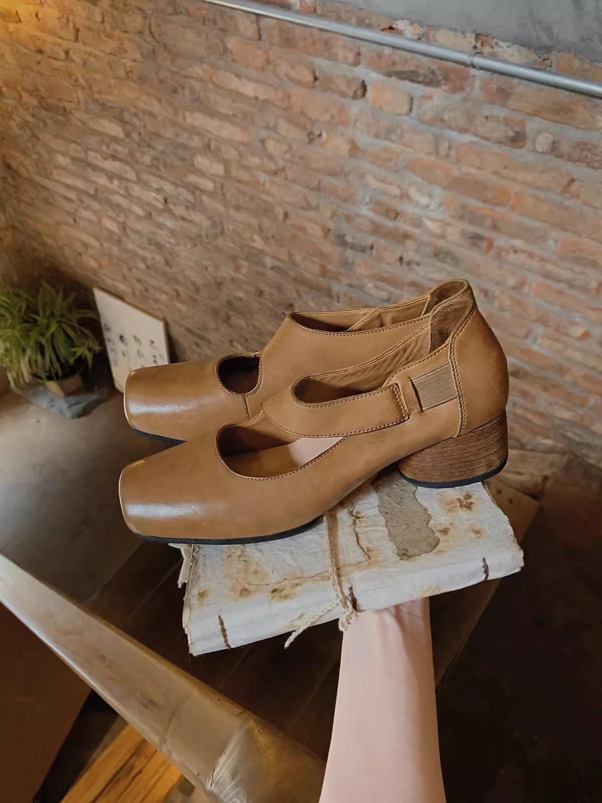 

Mary Janes Women Pumps Comfortable Genuine Leather Ankle Strap Thick High Heels Shoes Retro Square Toe Women Shoes 40