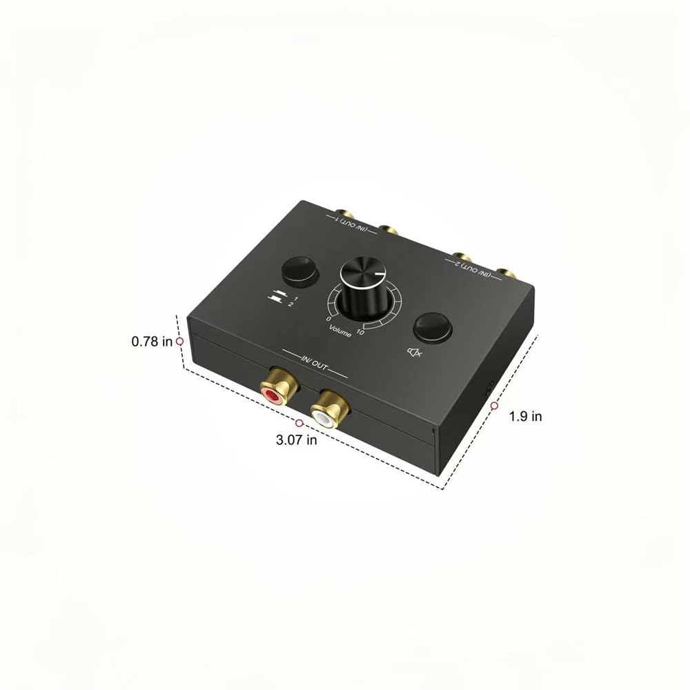RCA Stereo Audio Switcher Audio Selector Splitter Audio Selector Switch Box with Mute and Switch Compatible with Active R/L 2(1)-in-1(2)-Out One-Key