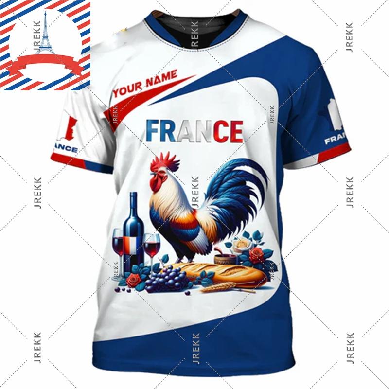 Französisches Flag Football T-Shirt für Herren 3D-Druck Hahn Rundhals-T-Shirts Benutzerdefinierter Name Streetwear Sommer Mode Trend Tee