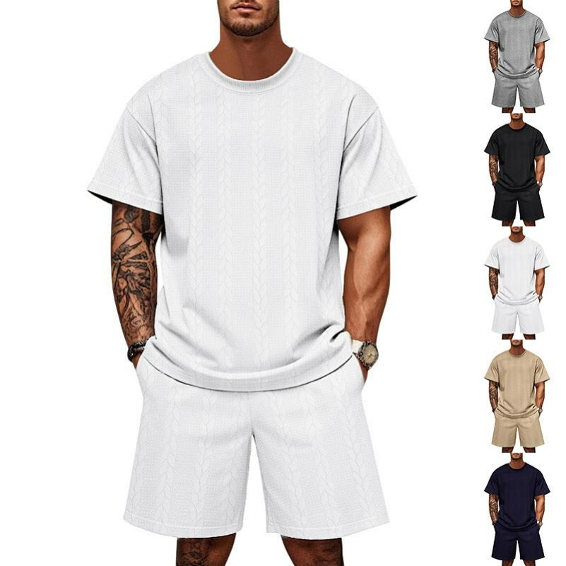 Men's Summer Jacquard Suit, Round Neck, Short-sleeved Shorts, Casual Two-piece Suit