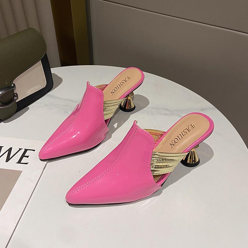 New High Heel Slippers Pointed Toe Shoes Woman Elegant Mules Shoes Women Black Green Metal Heel Outdoors Women Slippers Big Size