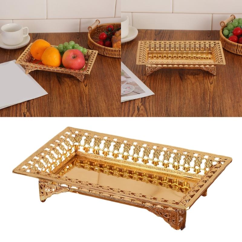 Multipurpose Decorative Iron Tray with Hollow Out Gold Pattern and Rectangular Shape for Fruit and Object Presentation