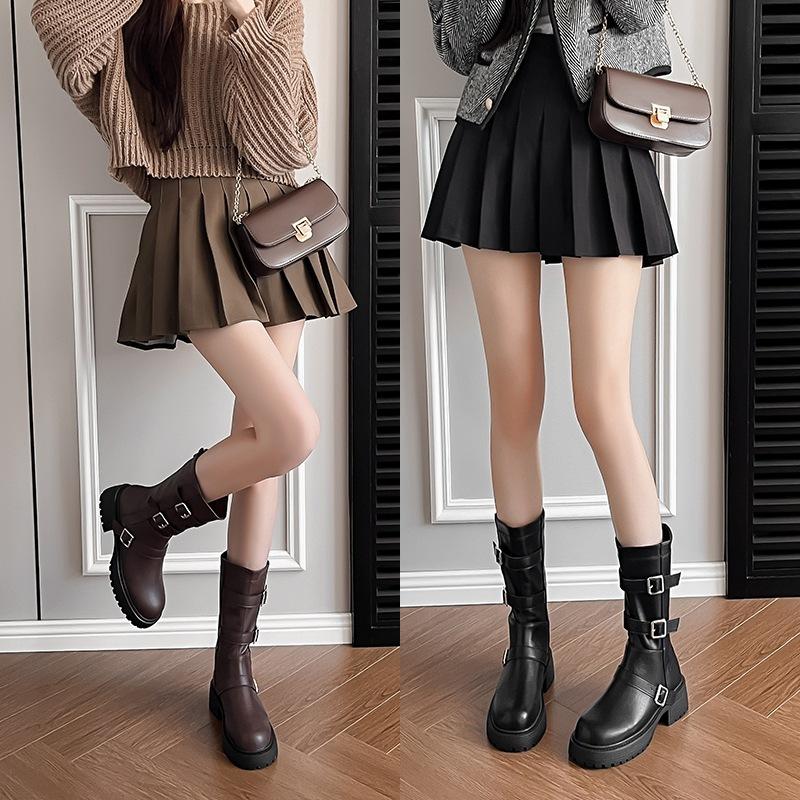 British Style Belt Buckle Medium Boots 2025 Autumn and Winter New Round Head Thick Heel Martin Boots Women's Western Knight Boots