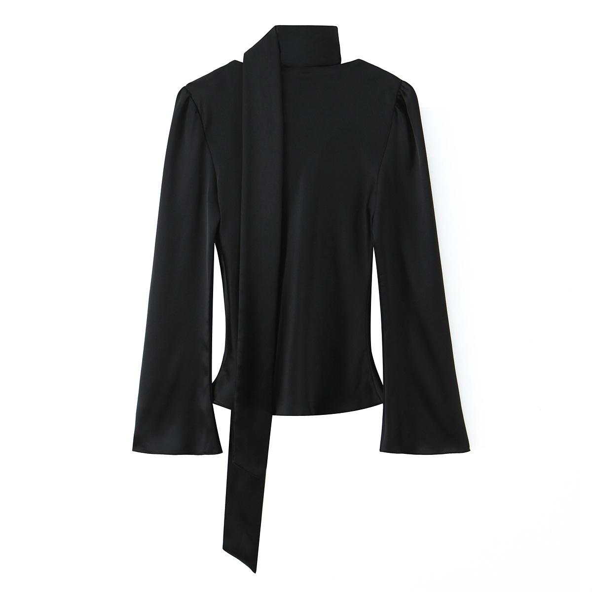 Women s clothing popular fashion casual silk satin texture scarf shirt XS чёрный