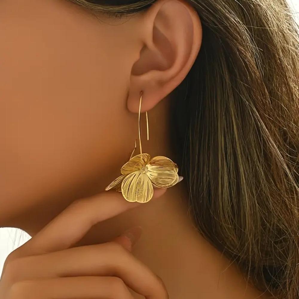 Exaggerate Gold Silver Color Flower Big Hoop Earrings Elegant Fashion Dangle Earring for Women Girl Ear Hook Metal Charm Jewelry