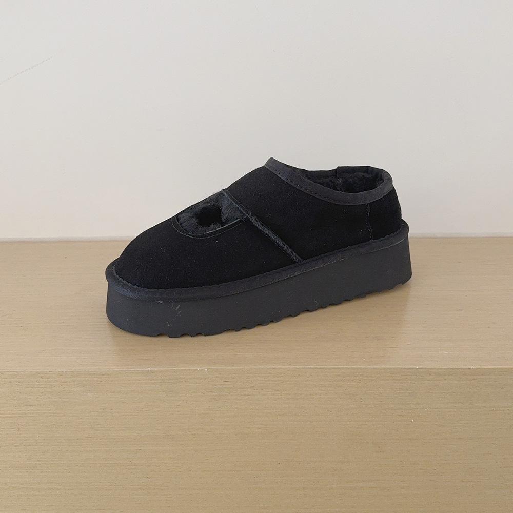 Cowhide Velvet-Lined Women's Winter Mary Janes with Thick Soles