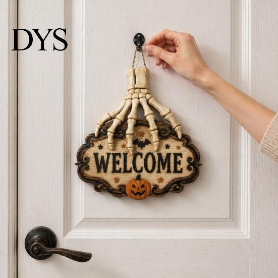 Decorative Wooden Hanging Craft Skeleton Hand Door Welcome Sign, Halloween Pumpkin Bat Pattern Decor, Creepy Skull Theme Signage Wall Plaque,