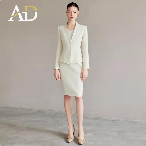 AD Women's Light-Colored Collarless Professional Suit Set - High-End Fashionable Formal Wear for Commuters