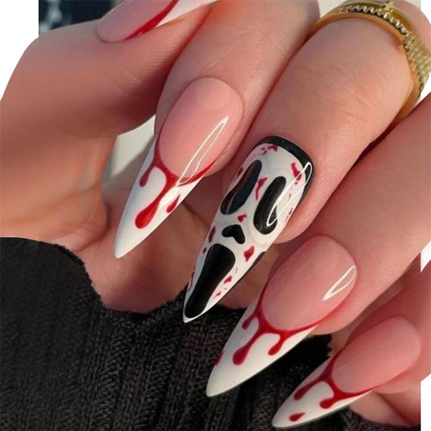 24Pcs Dark Punk Skeleton Long Coffin Ballet Press On Nails Reusable Fake Nail Kit Artificial Acrylic Tips
