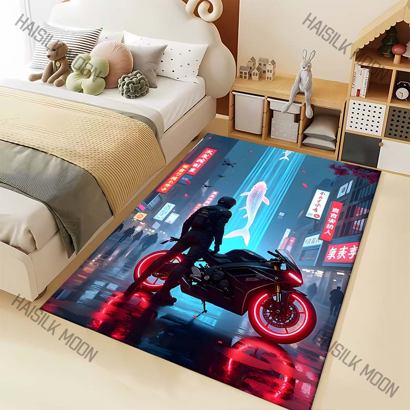 1PC Night Rider, Motorcycle Red Glow Carpet for Living Room Bedroom Sofa Home Decor Rus Non-slip Floor Mat Luxury Gift