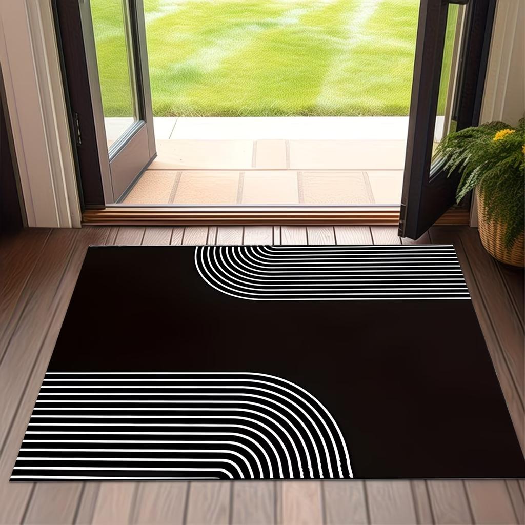 Moderne Schwarz-Weiß Geometrische Fußmatte - Rutschfester Minimalistischer Bogenlinien Eingangsteppich - Stilvoller Dekorativer Innenboden Teppich