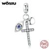 WOSTU 100% Real 925 Silver Cross Charm Zircon Bead Crosses Pendant Fit Original Bracelet DIY Necklace Religion Jewelry