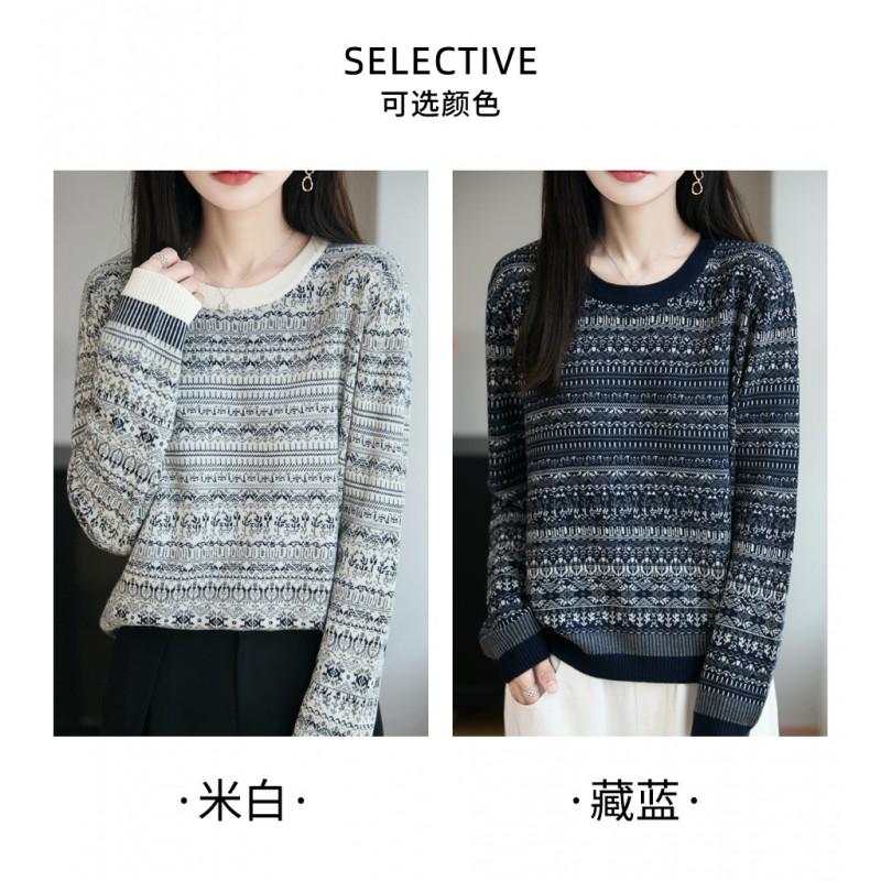 Womens Retro Fair Isle Knit Sweater Loose Fit Wool Blend Pullover Winter Casual Top