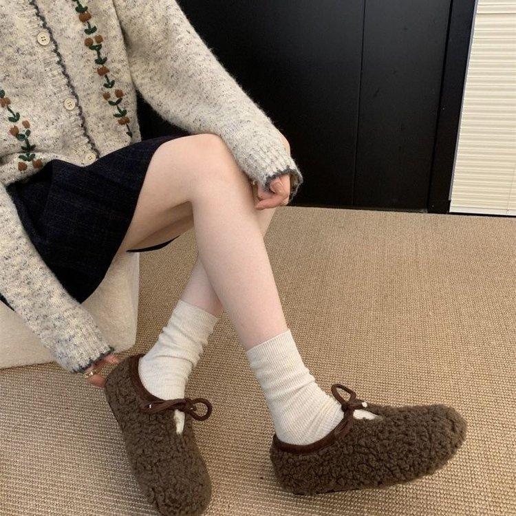 Wool version! Sweet and white round head inner height-increasing fluffy shoes for women outside winter velvet warm bean cotton shoes