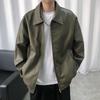 Men's Hong Kong Style Loose PU Leather Motorcycle Jacket, Green with Lapel, Trendy and Handsome for Spring and Autumn