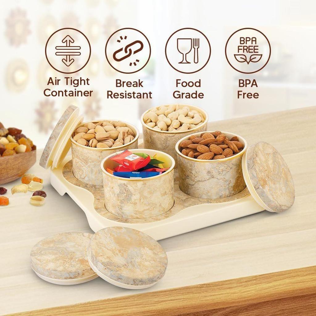 Tray SET of 4pcs (450ml each),Dry Food Storage Box I Premium Gifting Set I Multi-Purpose Box L Serving Sweets, Chocolates, Candy- Ceramic Beige