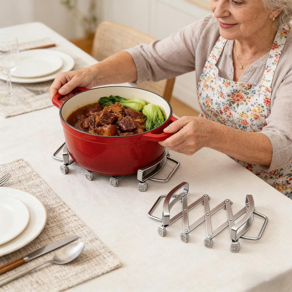 Stainless Steel Expanding Pot Holder Mat Heat Resistant Trivet NonSlip Contracting Expanding Design for Multiple Pans Easy Clean