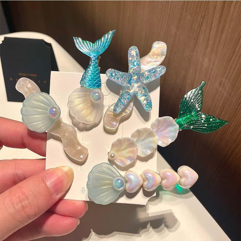 5Pcs Girls Cute Mermaid Ocean Hair Clips Starfish Shell Design Non Slip Grip For Daily Wear Birthday Parties Beach Trips